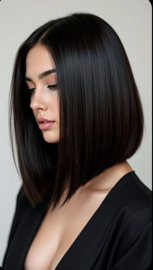 Sleek jet black long bob